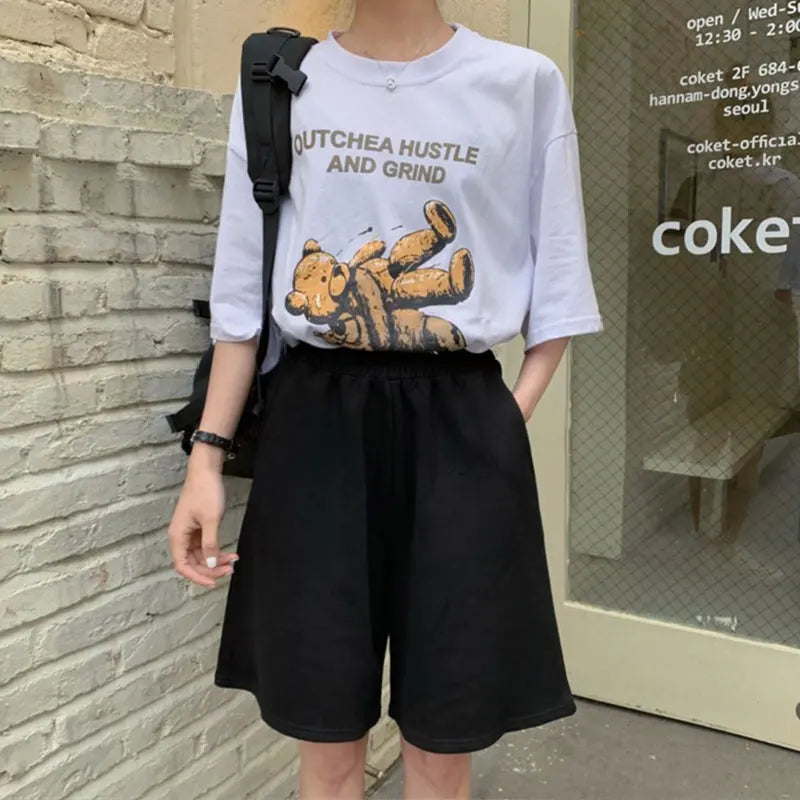 Loose, Elastic Waist Shorts, Casual Wide Leg Pants,  Vintage Fashion Sweatpants in Grey and Black Pockets