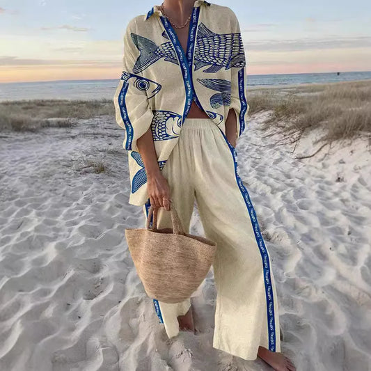 2 Piece Outfit Casual Loose Beachwear Wide Leg Pants Cover-Up Variety of Patterns