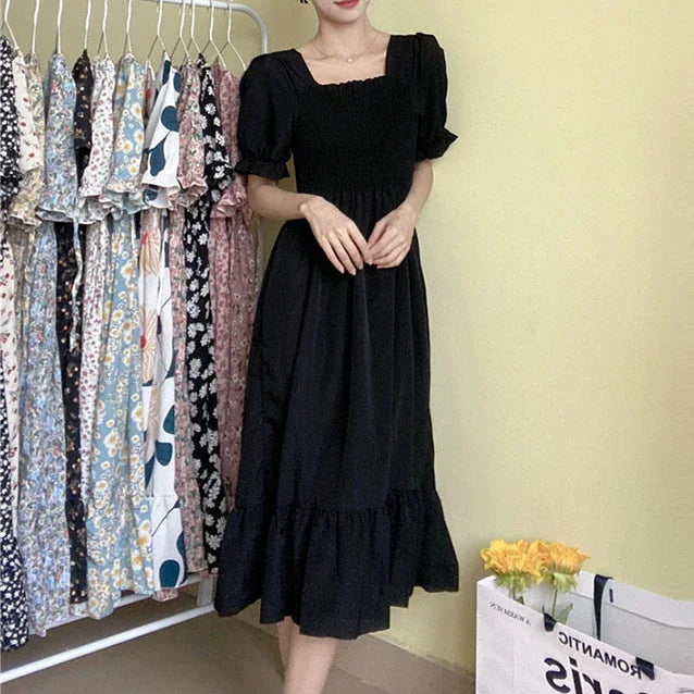 14 Patterns Elastic Waist Chiffon Dress  Short Sleeve Pleated A-line Dresses