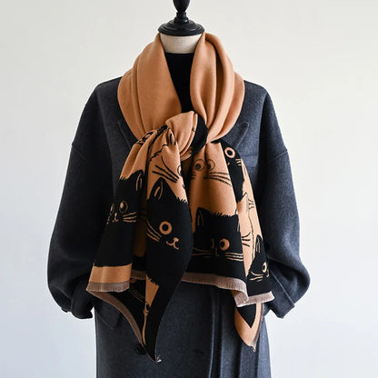 Cute Cat Ladies' Jacquard Pashmina Cashmere Scarf Thick Warm