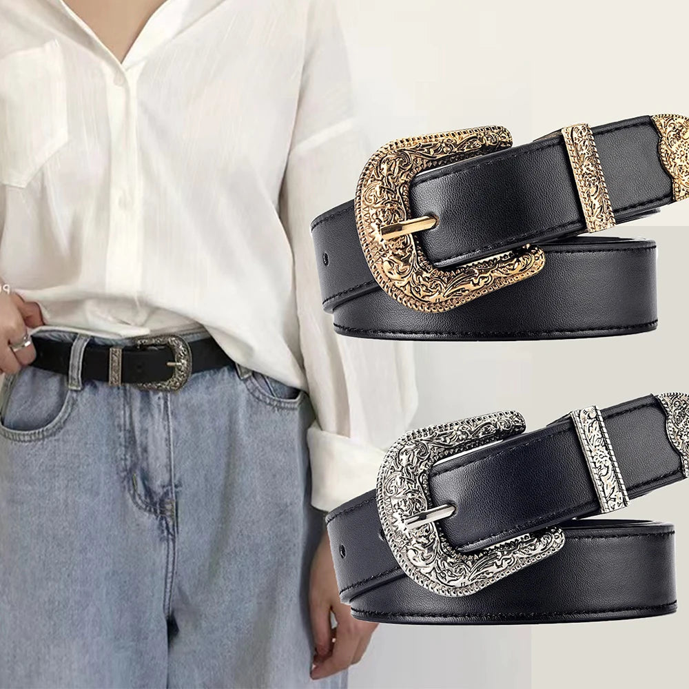 Vintage Carved Needle Buckle Belt PU Leather Belt