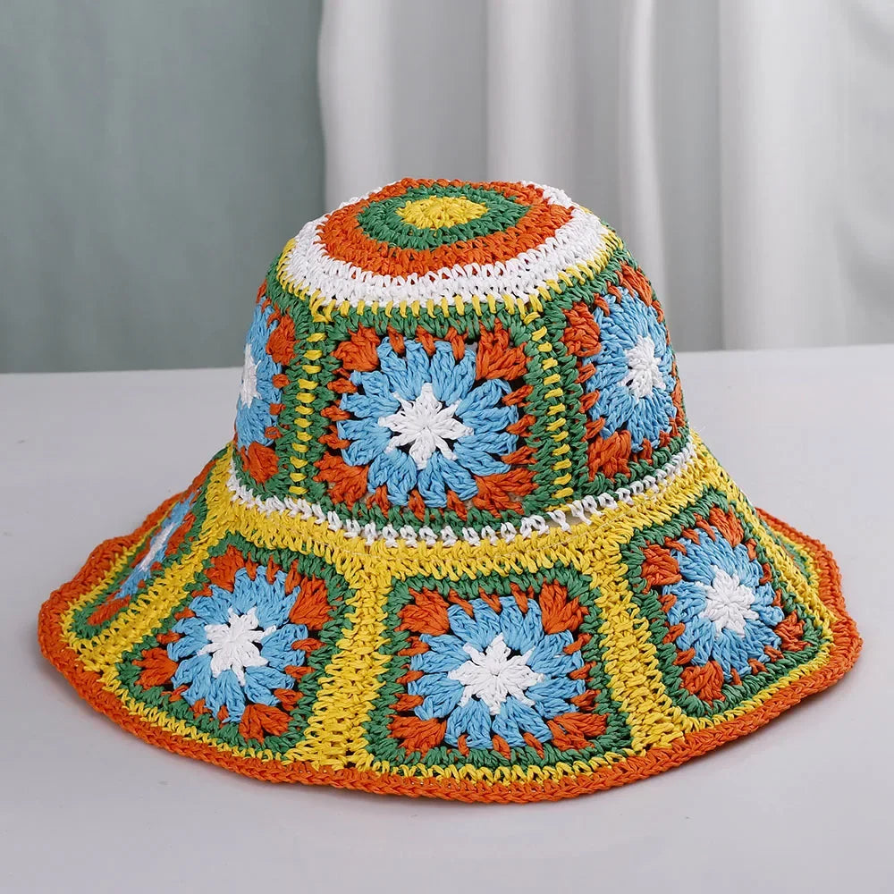 Bright Colored Floweed Crocheted Fisherman Hat
