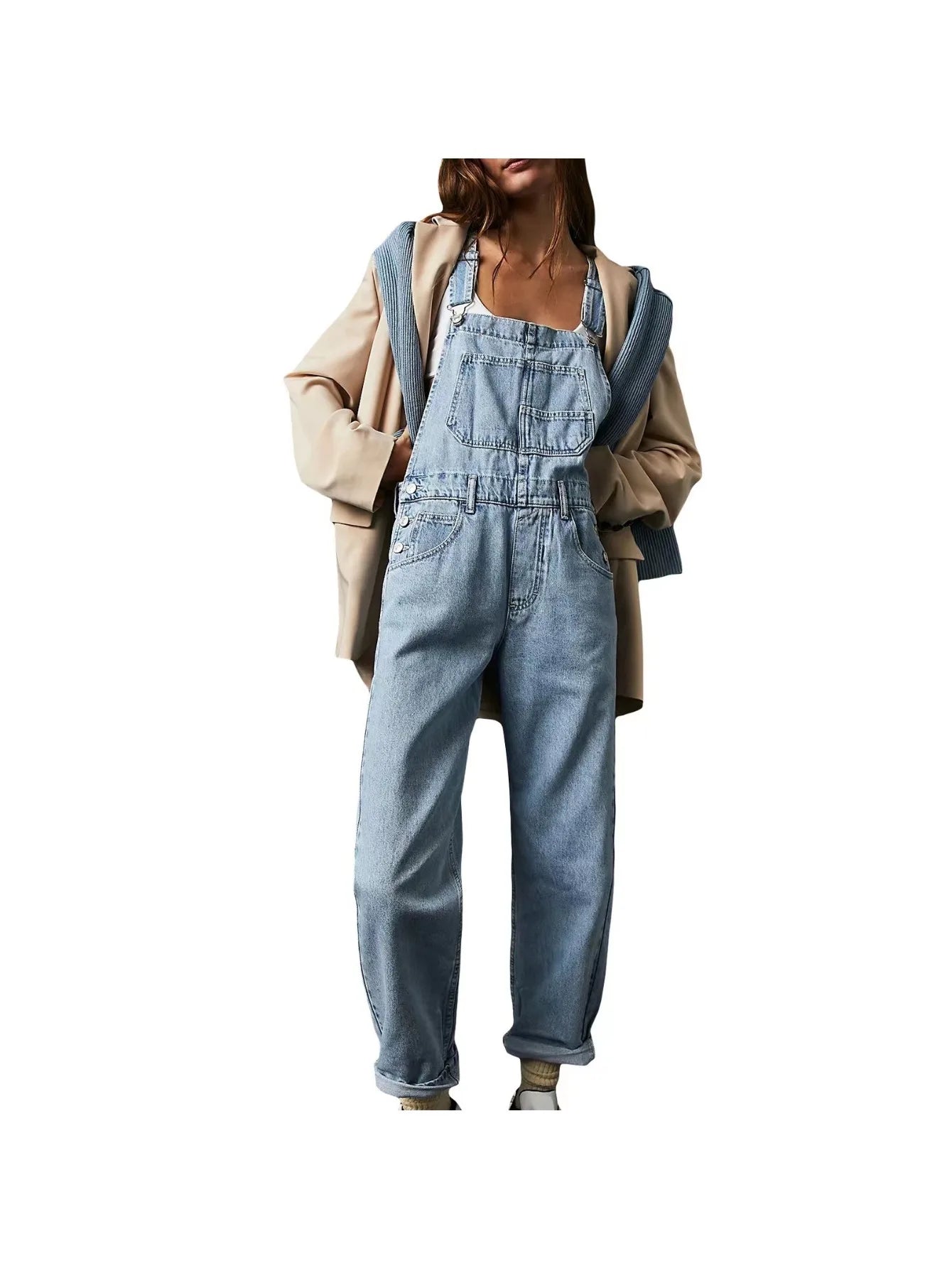 Casual Denim Overalls Loose Fit Long Bib Pants in White, Black, Dark and Light Blue