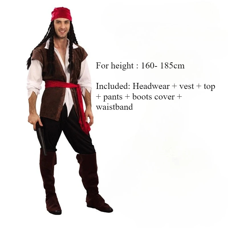 Women and Adult Men Cosplay Halloween Pirate Costumes. Included In Women's: Headwear, Sash, Skirt, and Vest.  Included in Men's: Shirt, Vest, Pants, Headwear, Boot Sleeves