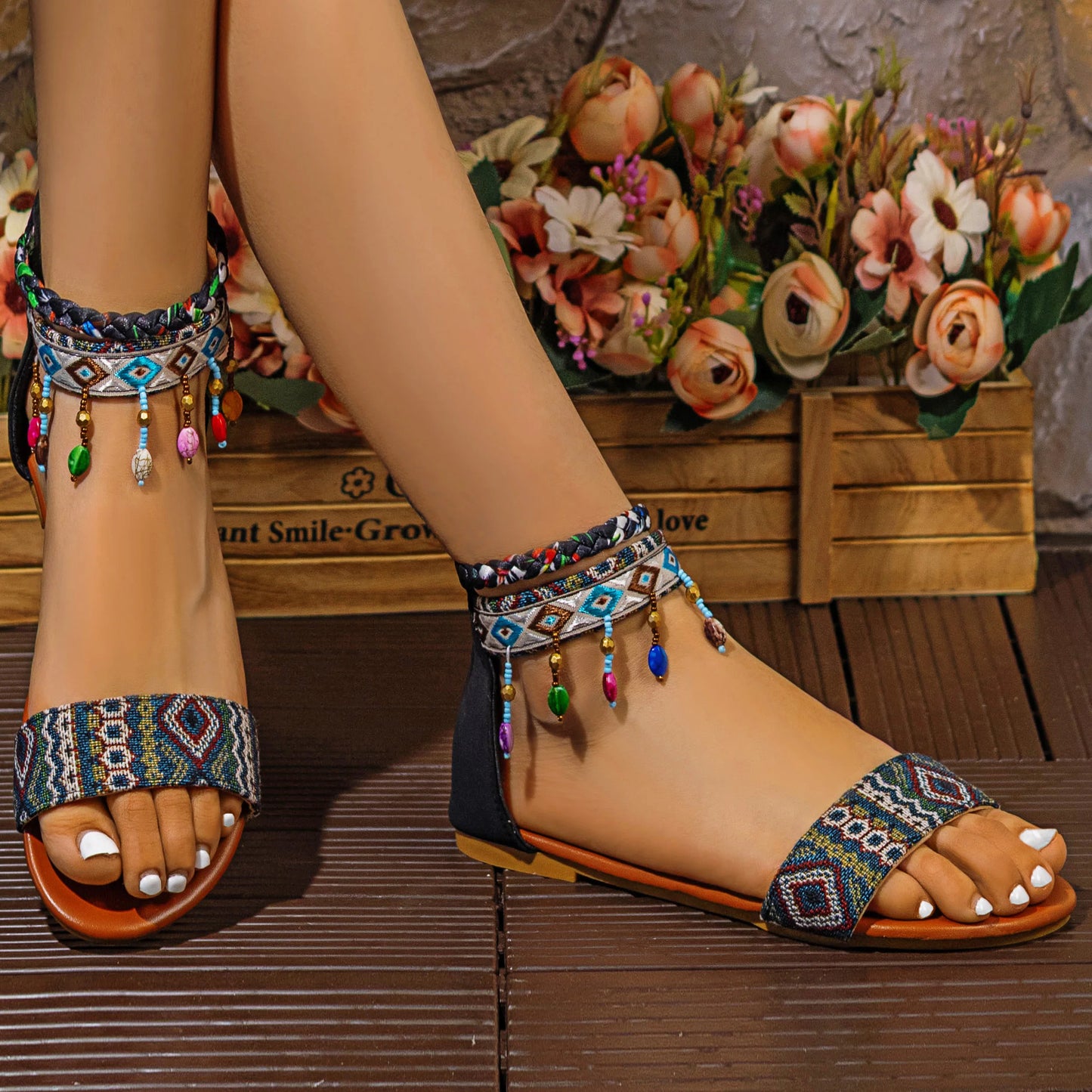 Bohemian, Romanesque Flat Sandals, Hand Beaded, Back Zipper,