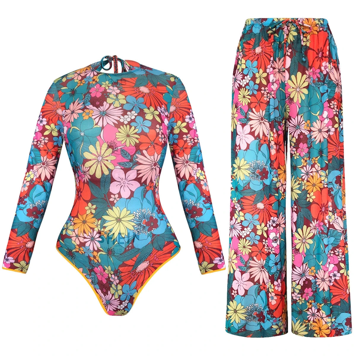 One-Piece Swimsuit Sun Protection Long Sleeves Beachwear With Pants