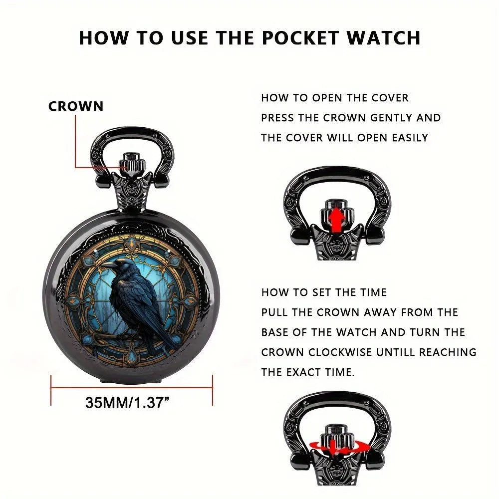 Unique Vintage Black Crow Mini Quartz Pocket Watch, Necklace Pendant With World Time Feature,