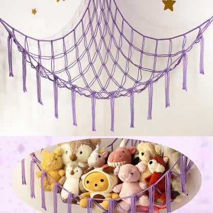 9 different colors of this Boho Macrame Stuffed Animal Hammock Cotton Tassel Toy Storage Net, Hanging Organizer