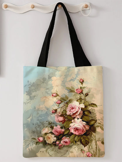 Rose pattern printed casual canvas handbag, reusable, multifunctional handbag, canvas shopping bag