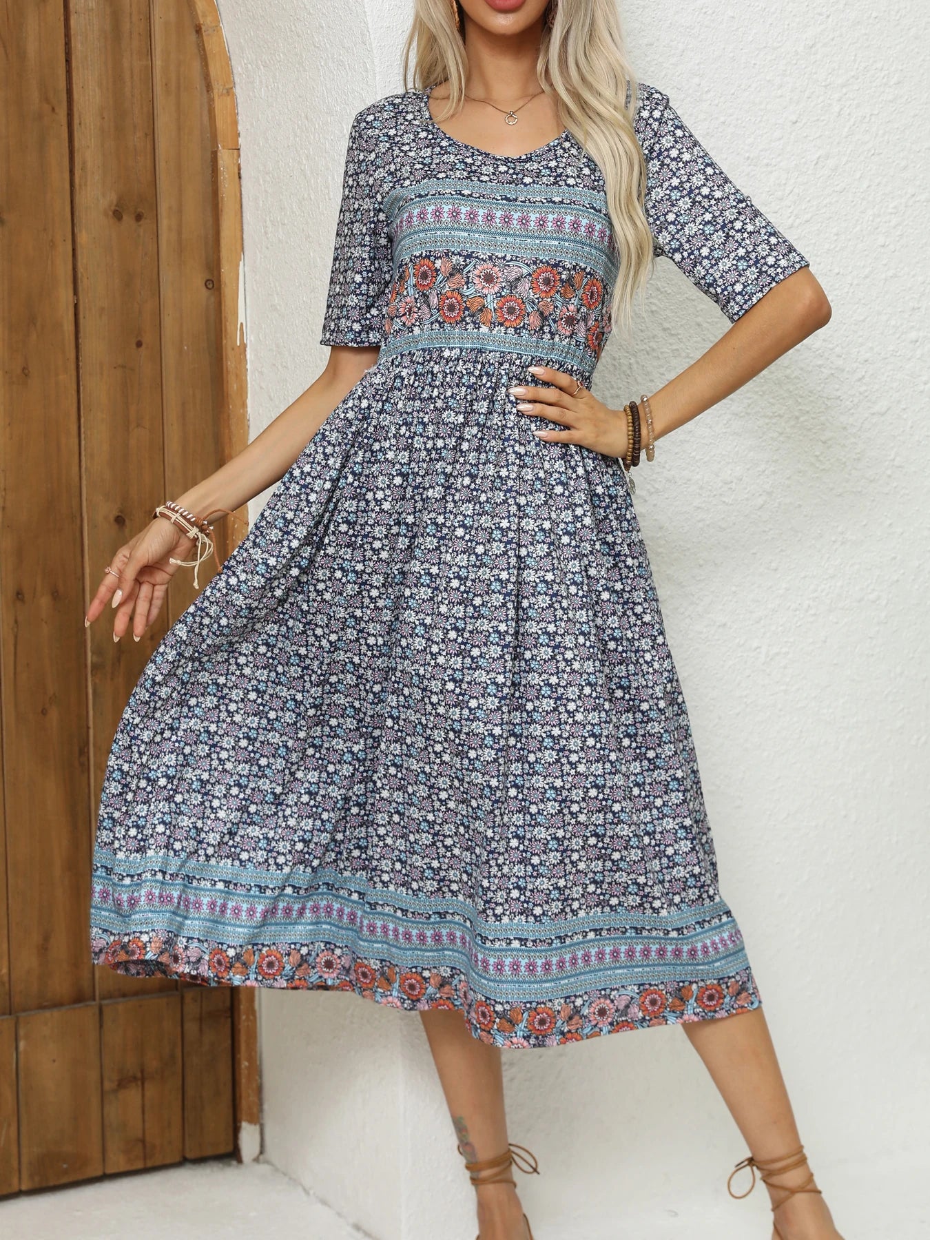 Bohemian To 3XL Print Midi Dress, Round neck, short sleeve, long skirt