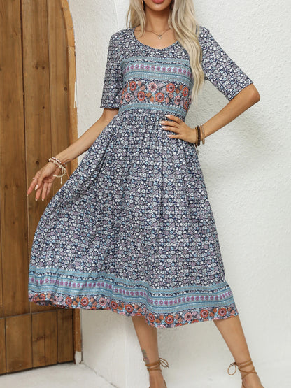 Bohemian To 3XL Print Midi Dress, Round neck, short sleeve, long skirt
