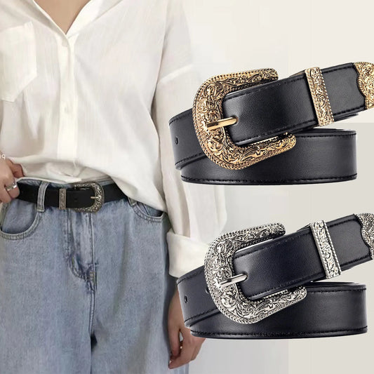 Vintage Carved Needle Buckle Belt PU Leather Belt