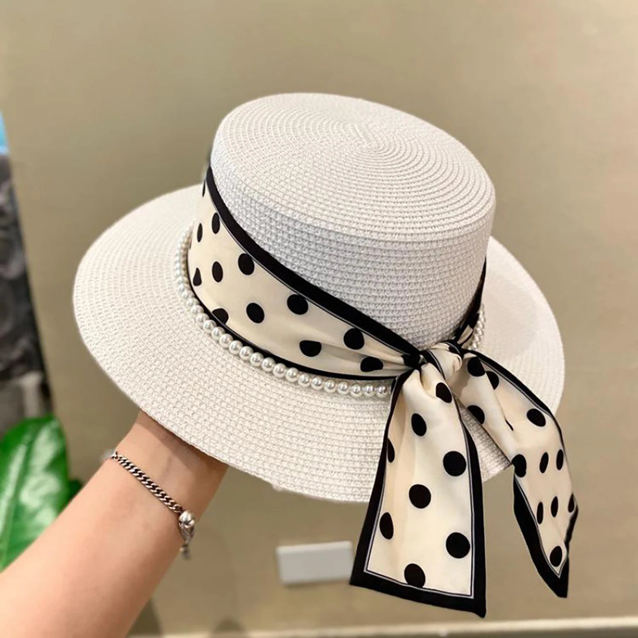 Straw Hat with Polka Dot Ribbon, Pearl, and  Wide Brim Sunshade