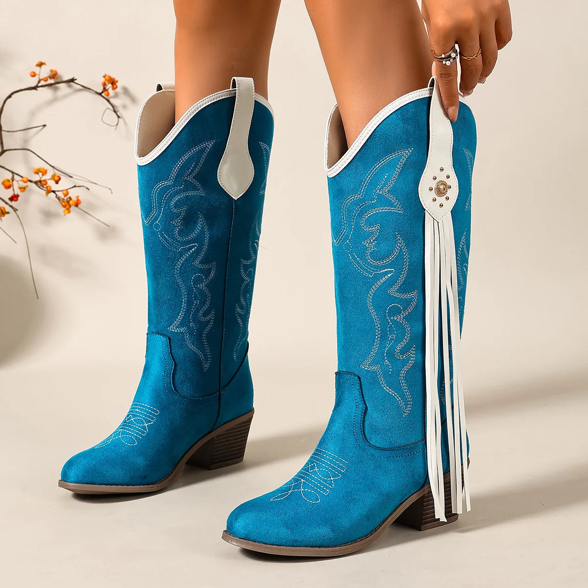 Pointed-Toe Chunky Heel Western High Boots in Lake Blue with Embroidery, White Tassels, and Rivets, Selling Fast