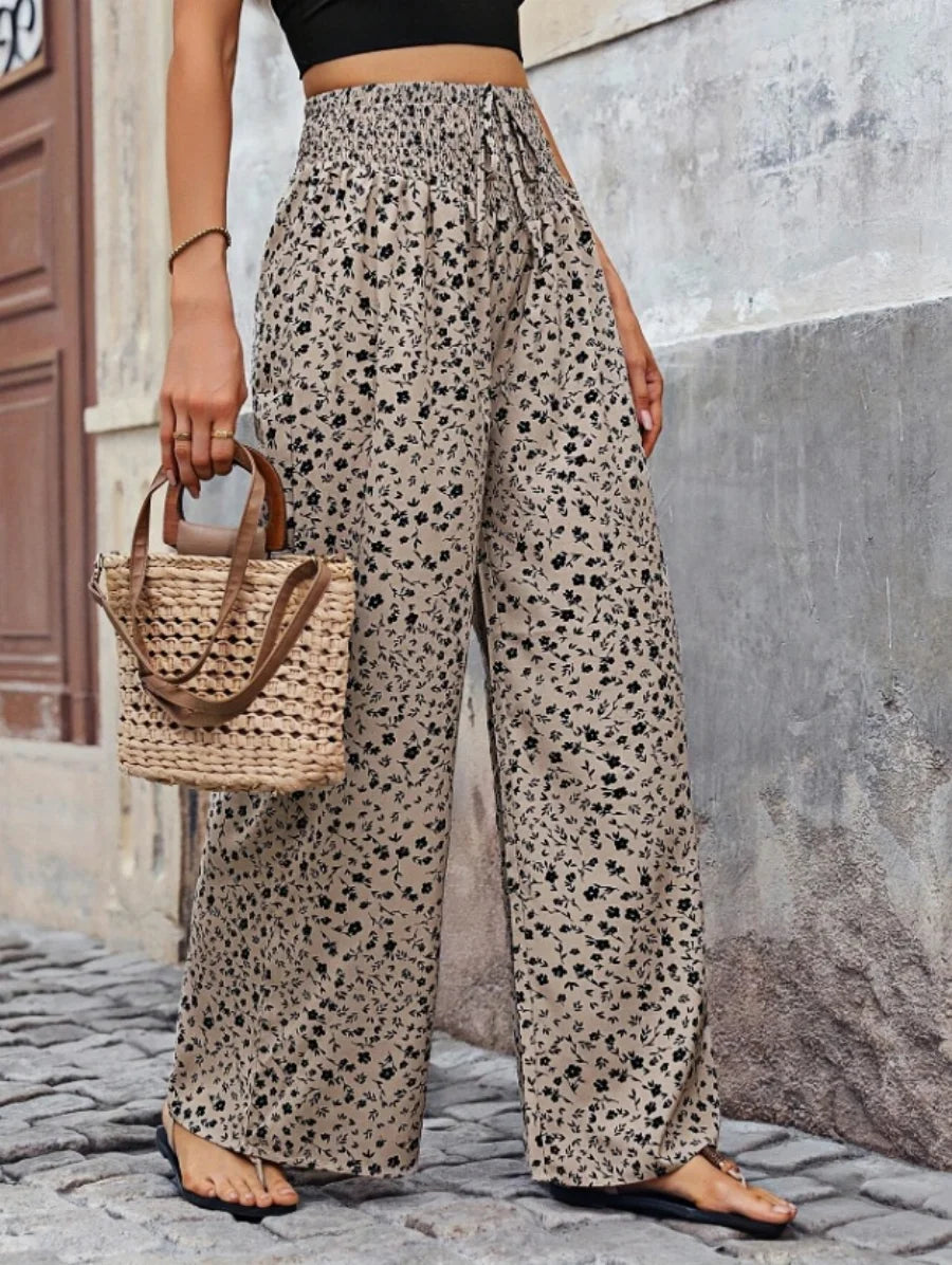 Sizes to 2XL Wide Leg Pants Boho Elastic High Waisted with Drawstring Loose Pants