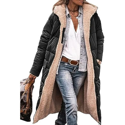 Reversible Sherpa Fleece, Long, Hooded Puffer Coats. Check colors: Brown, Green, Black, Burgundy, Light Gray