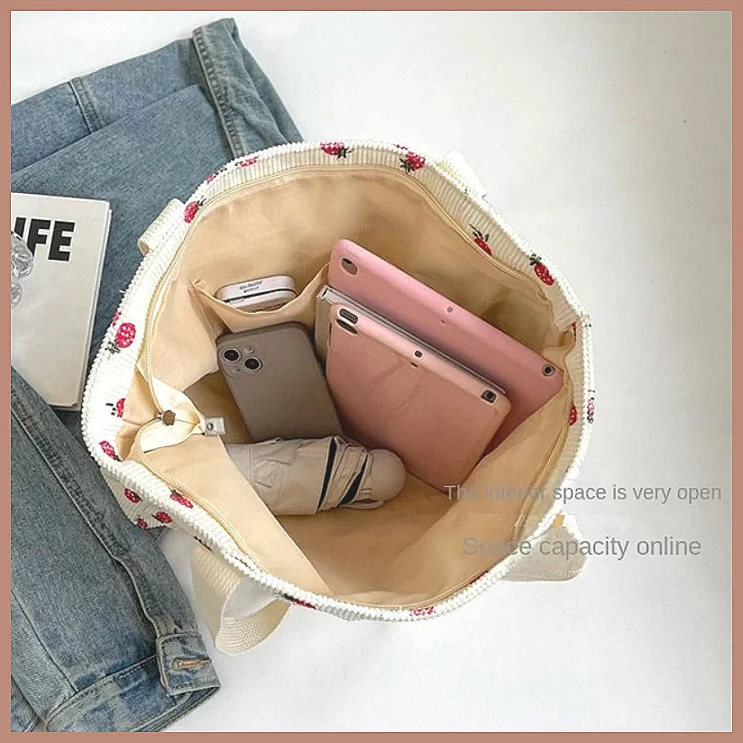 Corduroy Shoulder Bag, Cute Printed Handbag, Casual Commuter & Shopping Bag or Gift Bag