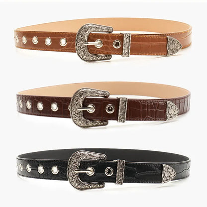 Gothic Retro Western Style Etched PU Leather with Metal Pin Buckle and End Caps