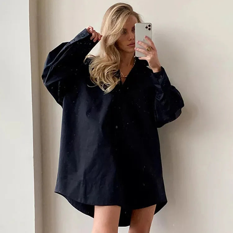 Minimalist White Long Oversized Full Sleeve Button-Up Blouse in Black and White