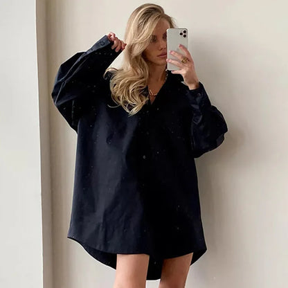 Minimalist White Long Oversized Full Sleeve Button-Up Blouse in Black and White