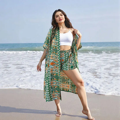 Beachwear, Plus Sizes to 4XL Women's  Printed Two-piece Set,  Bohemian Print Open Front Kimono with Short Sleeves and Shorts Ensemble.