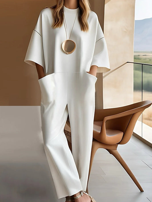 Sizes to 3XL, Loose Minimalist Boho Jumpsuit 2 Oversized Pockets Round Neck Straight Pants Available in Black and White to Size 3XL