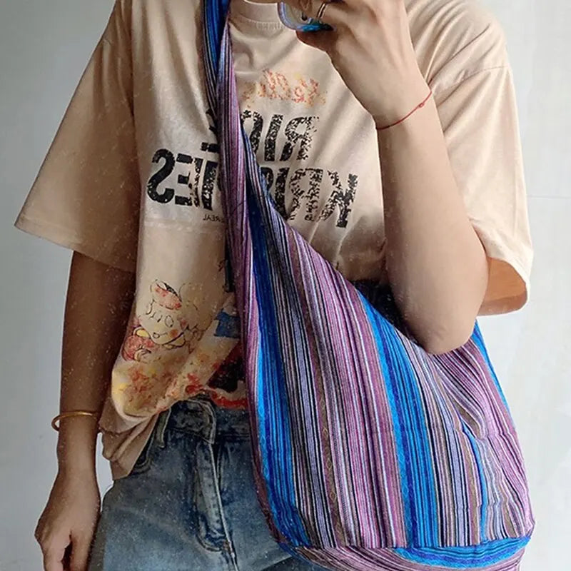 Bohemian Canvas Shoulder Crossbody Bag, Large Capacity, Ethnic Style Tote Bag
