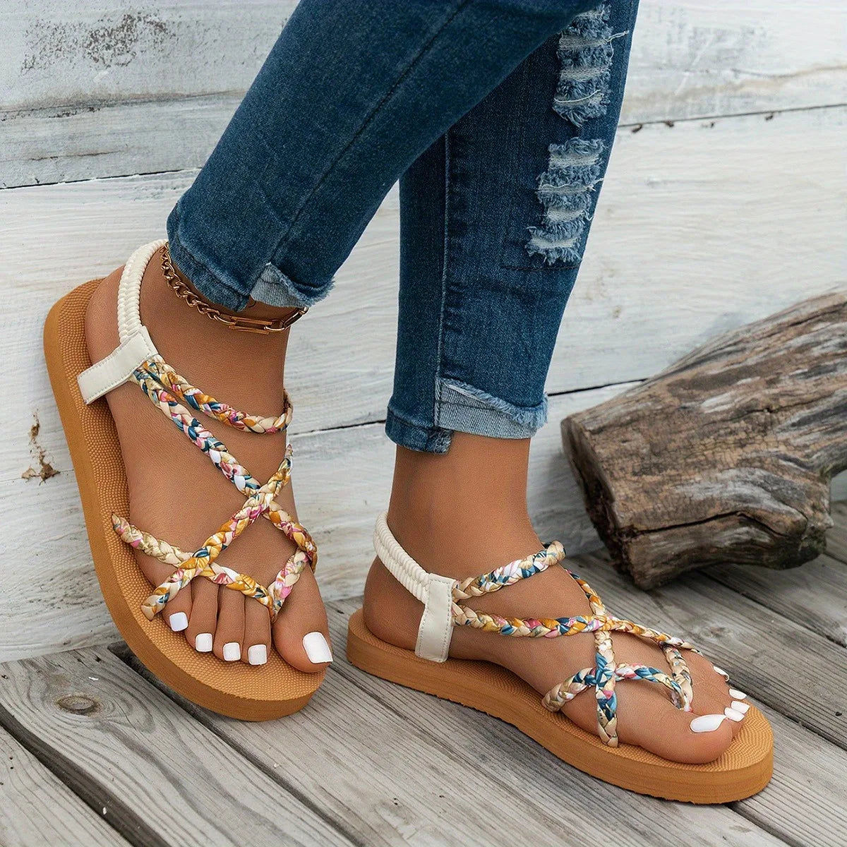 Boho Braided LightweightSandals Round Head Comfortable Fish Mouth Casual Sandals