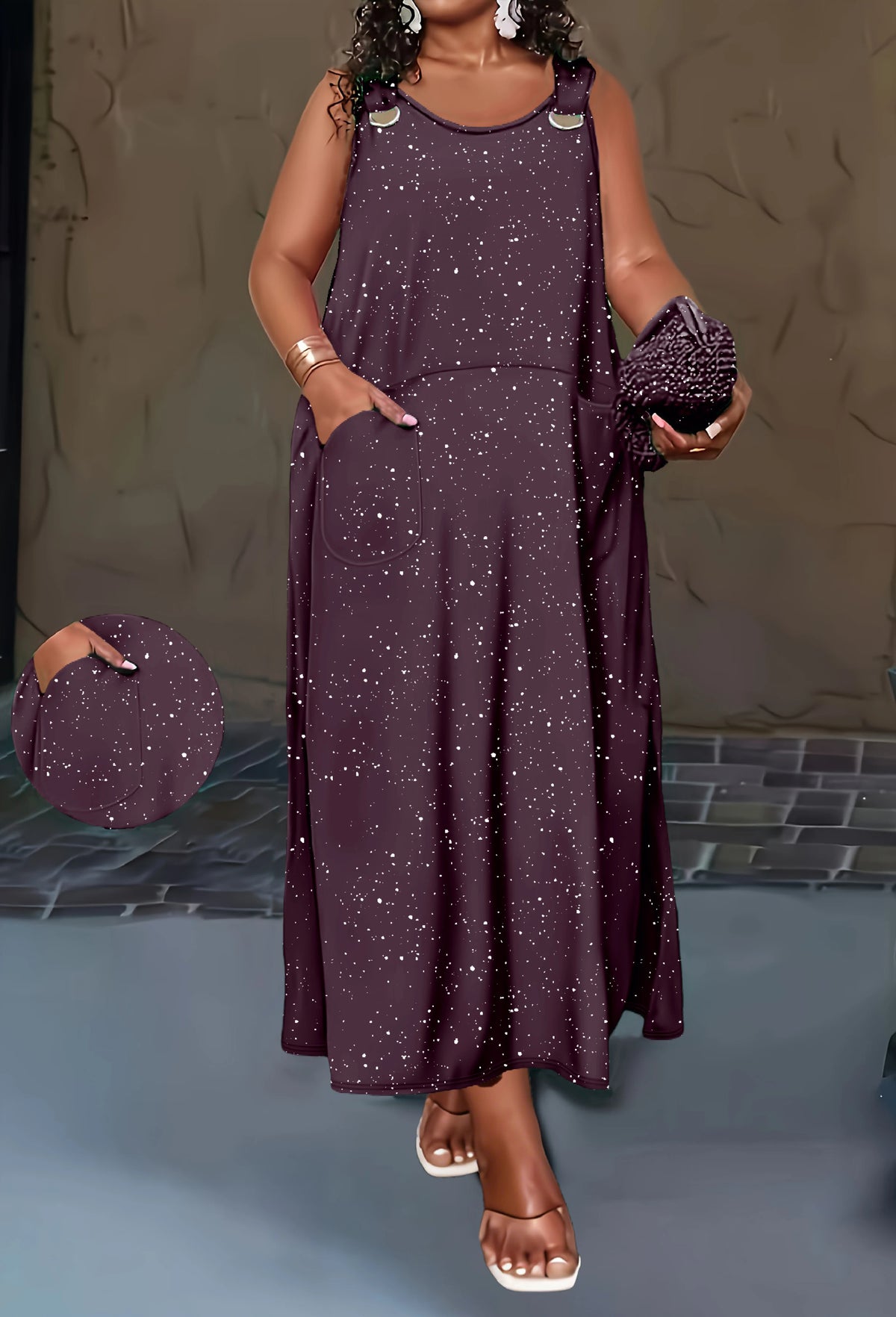Sizes to 6XL, Women's Solid-Color Powder-Sprinkled Tank Top Dress with Side Pockets