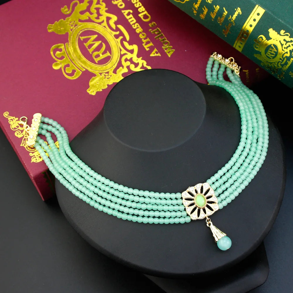Beaded Choker Necklace Moroccan Square Metal Pendant