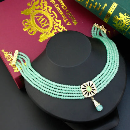 Beaded Choker Necklace Moroccan Square Metal Pendant