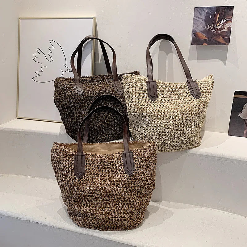 Handmade Rattan Woven Shoulder Bags Large Capacity Boho Straw Bag