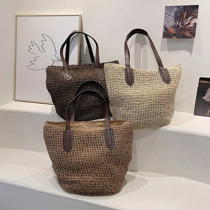 Handmade Rattan Woven Shoulder Bags Large Capacity Boho Straw Bag