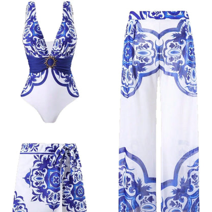 Sexy Three-Piece Swimsuit Set, High Elasticity Backless Swimwear. Skirt and Pants