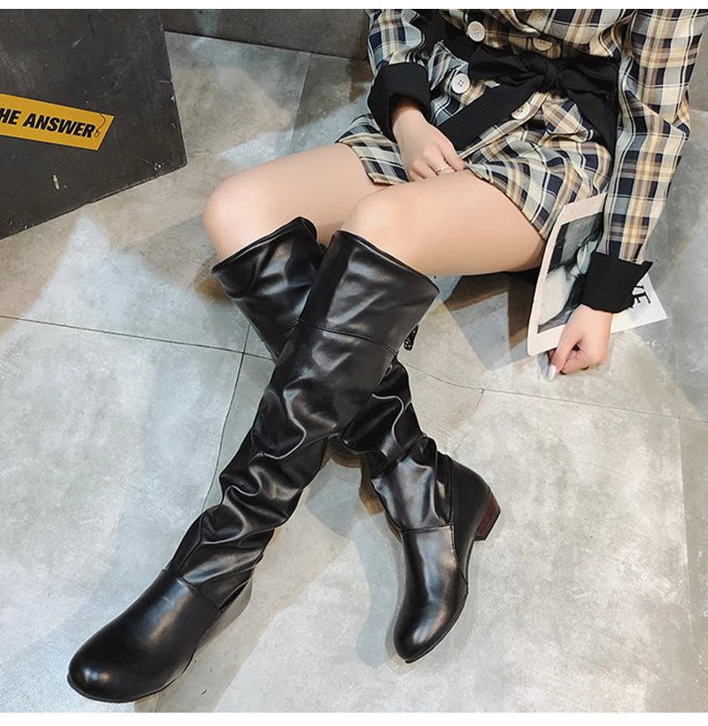 Knee High Boots, in Red, Black, and White, Tall Boots with Low Heel
