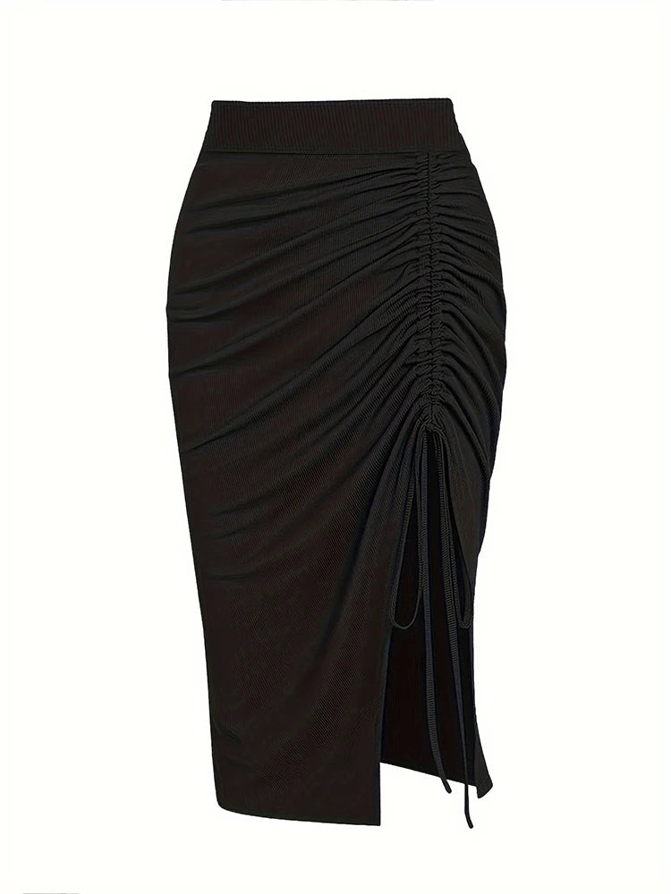 Plus Size to 4XL, Solid Colors, Elastic Waist, Drawstring Split Skirt, Casual Stretchy Skirt