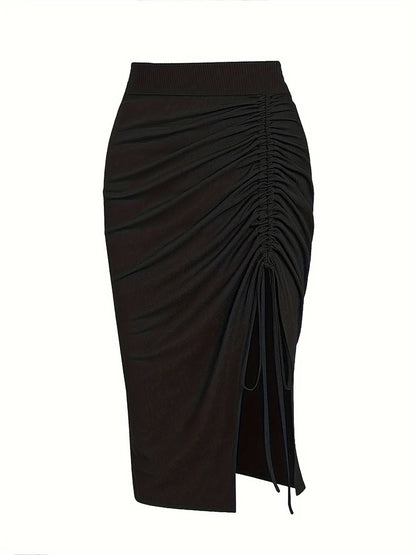 Plus Size to 4XL, Solid Colors, Elastic Waist, Drawstring Split Skirt, Casual Stretchy Skirt