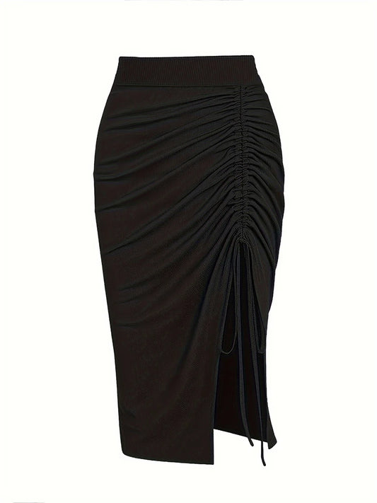 Plus Size to 4XL, Solid Colors, Elastic Waist, Drawstring Split Skirt, Casual Stretchy Skirt
