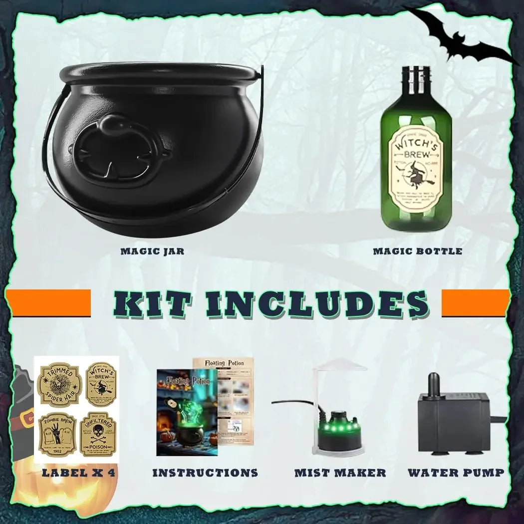 1 Set. Halloween Witch Cauldron with LED Light & Fog Mist Maker.  Skeleton in Cauldron for Spooky Hocus Pocus Decoration
