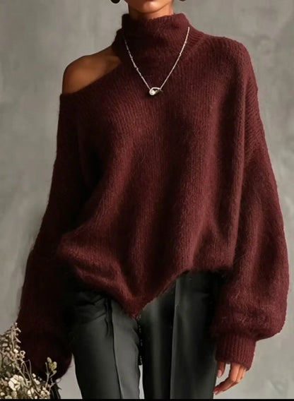 Off-Shoulder High-Collar Loose Knit Pullover, Long Sleeve, 10 Colors in sizes to 2XL