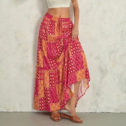 Bohemian Long Skirt with  Elastic High Waist, Tiered A-line with Pockets