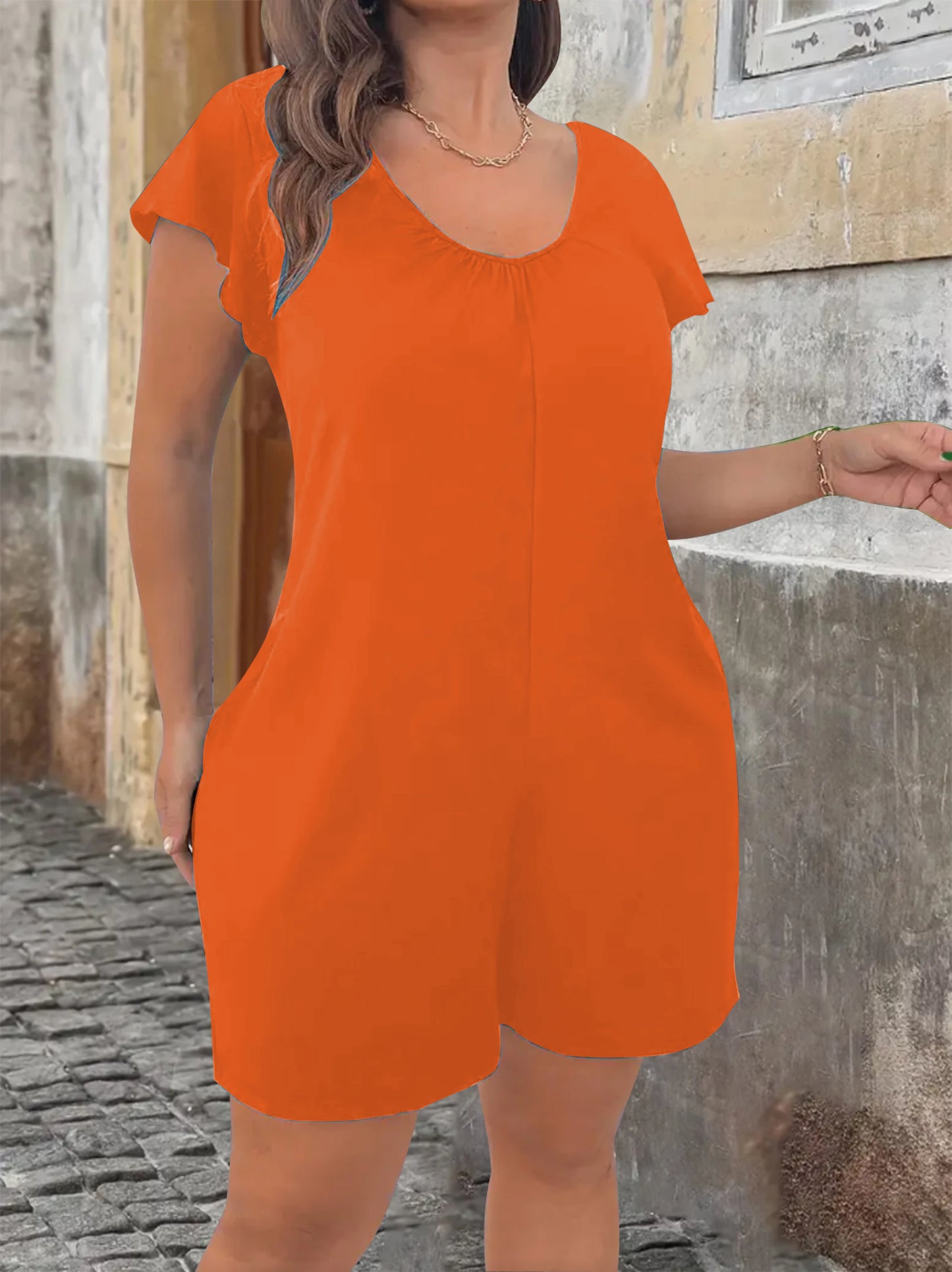 Sizes to 5XL V-Neck Flounce Sleeve Short Jumpsuit with Pockets. In Orange, Blue, Grey, and Black