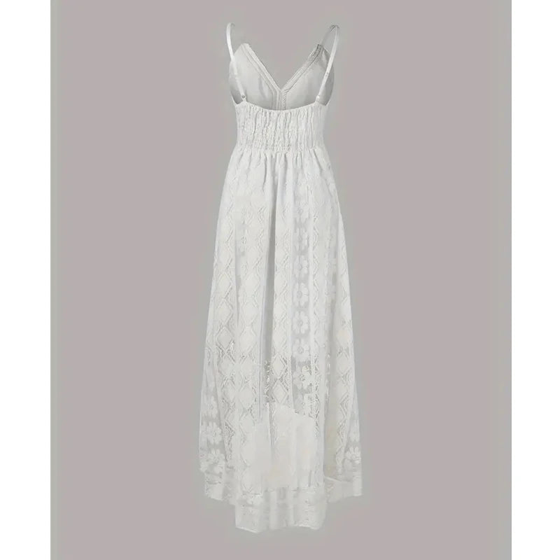 Bohemian Summer Casual V Neck Lace Spaghetti Strap Sundress with High/Low Hem