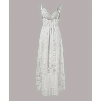 Bohemian Summer Casual V Neck Lace Spaghetti Strap Sundress with High/Low Hem