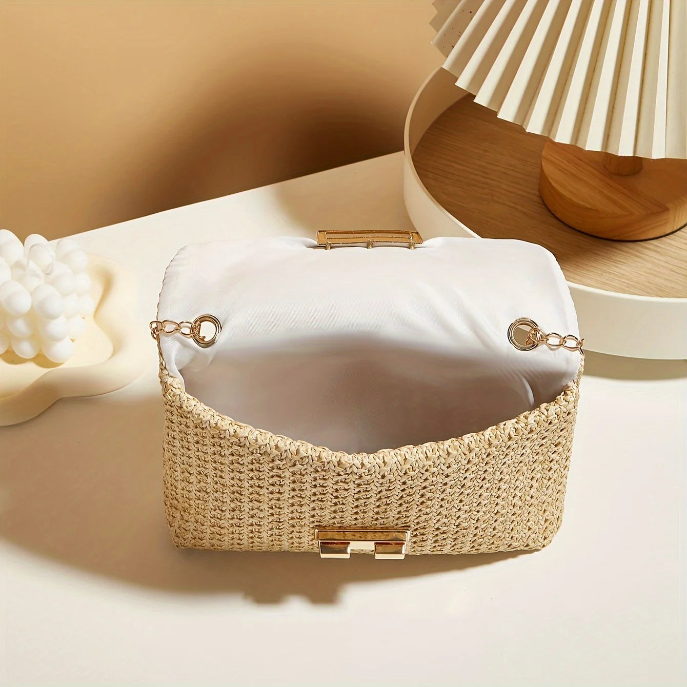 Handwoven Straw Shoulder Bag, Fashion Solid Color Crossbody Purse with Lock Closure