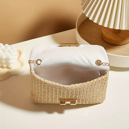 Handwoven Straw Shoulder Bag, Fashion Solid Color Crossbody Purse with Lock Closure