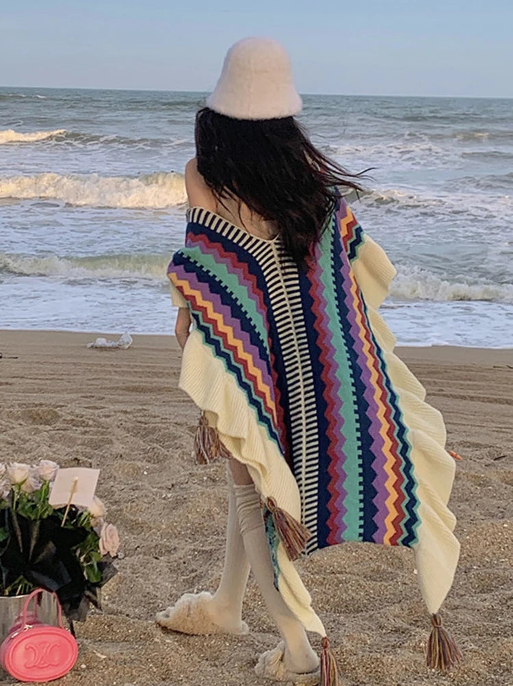 Vintage Bohemian Chic Capes Boho Ruffles Knitted Ethnic Design with Tassels