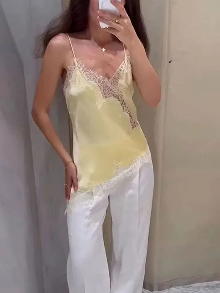 Polka Dot Sling Tops Asymmetric Hem Sleeveless V-Neck Lace Cami
