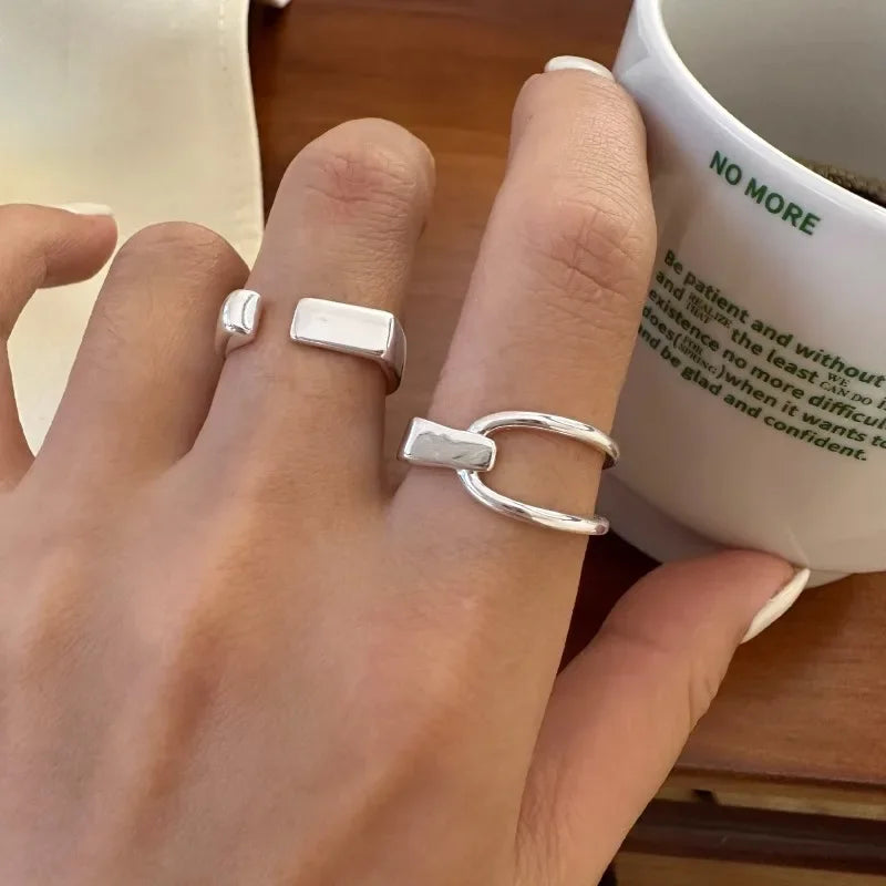 Sterling Silver Rings INS Fashion Vintage Hollow Lines  Adjustable  Jewelry