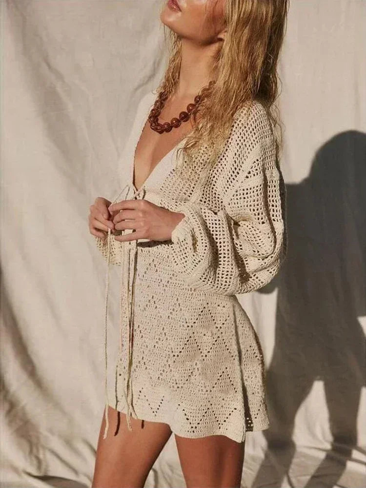 Plunging V-neck Lace-up Bell Sleeve Knit Mesh Hollow Out Beach Mini Dress Tunic